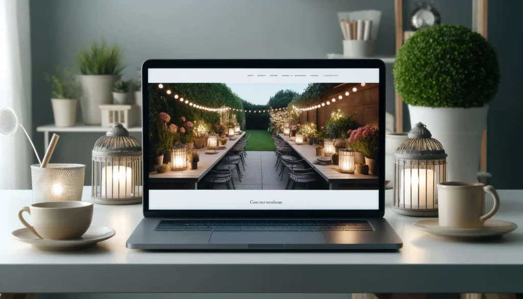 Elegant outdoor lighting company website displayed on a laptop screen, set on a clean desk with a garden featuring beautiful lighting fixtures in the background